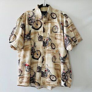 North River Mens Beige Route 66 Motorcycle Print Hawaiian Button Up Shirt Sz XL